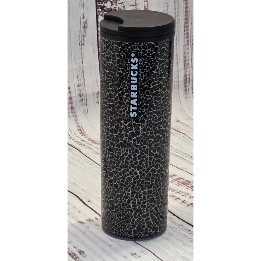 Starbucks Travel Tumbler 16oz Black White Excellent‎ Crackle Mosaic Cup